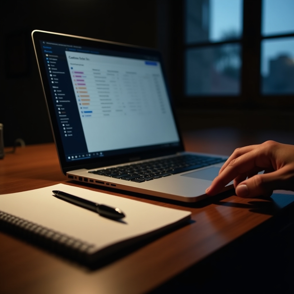 Escritorio de un pequeño negocio con una notebook abierta mostrando un listado de clientes en un CRM simple
