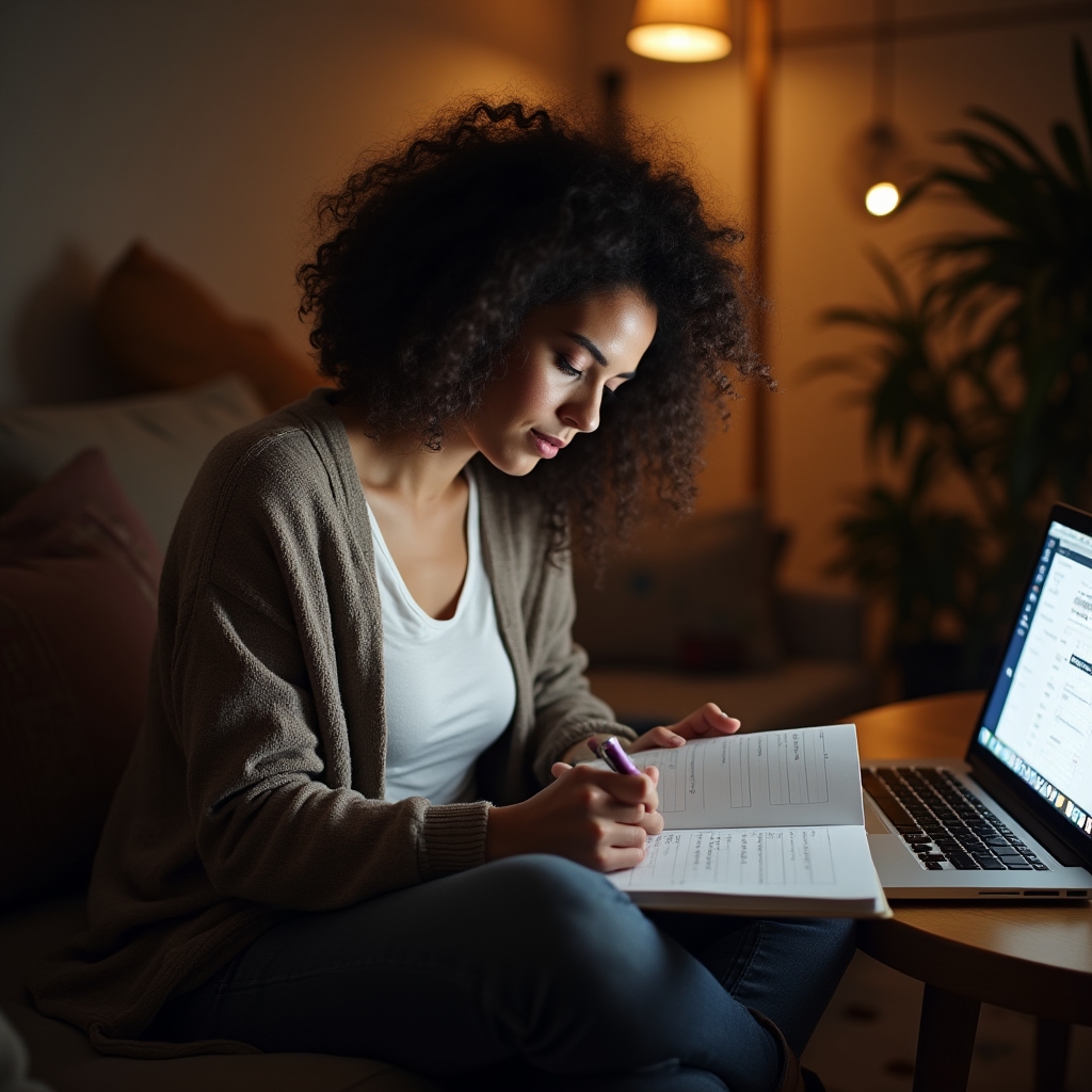 Persona organizando tareas en un cuaderno junto a una notebook, sentada en un living convertido en espacio de trabajo