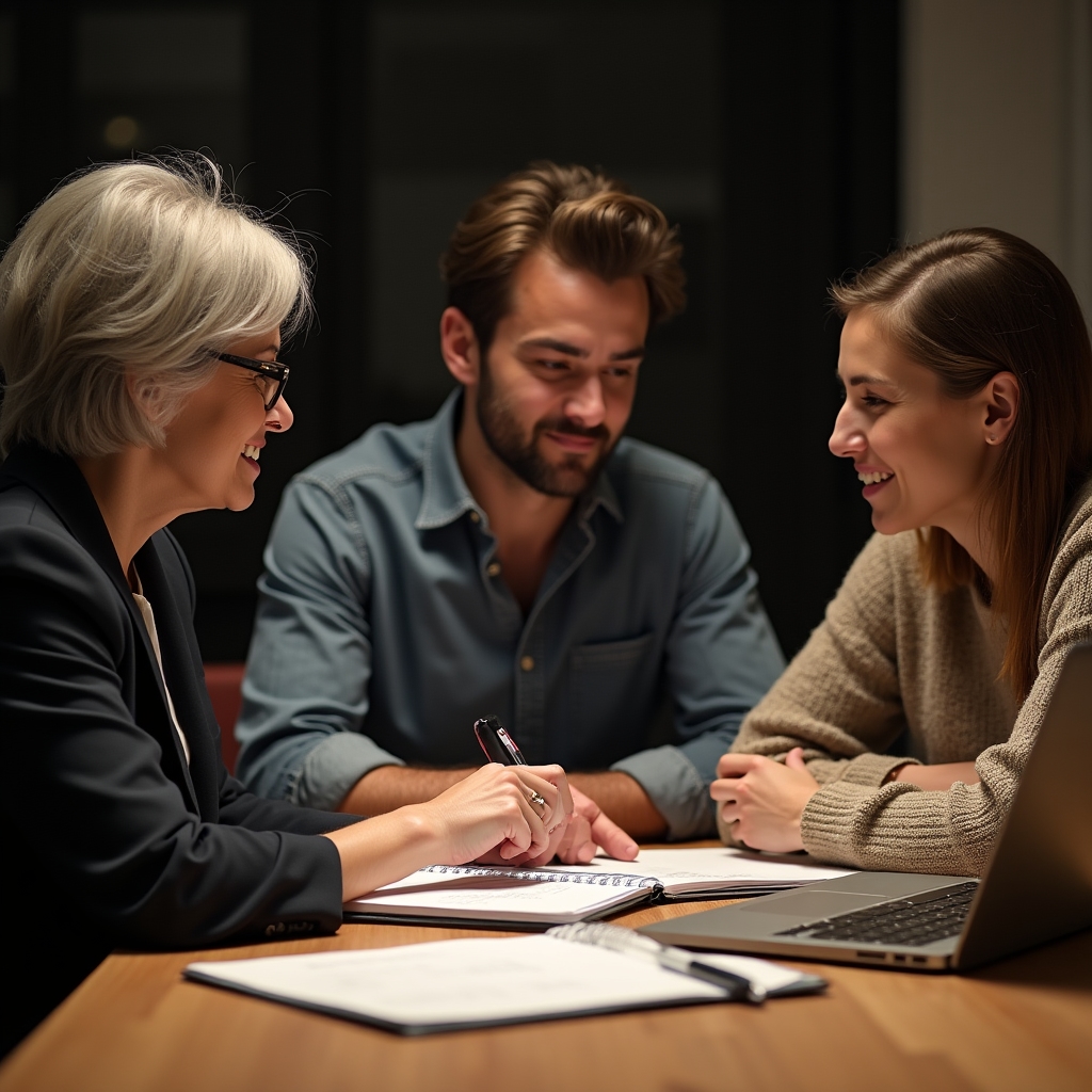 Equipo de tres personas trabajando juntas alrededor de una mesa con notebooks y anotaciones en papel