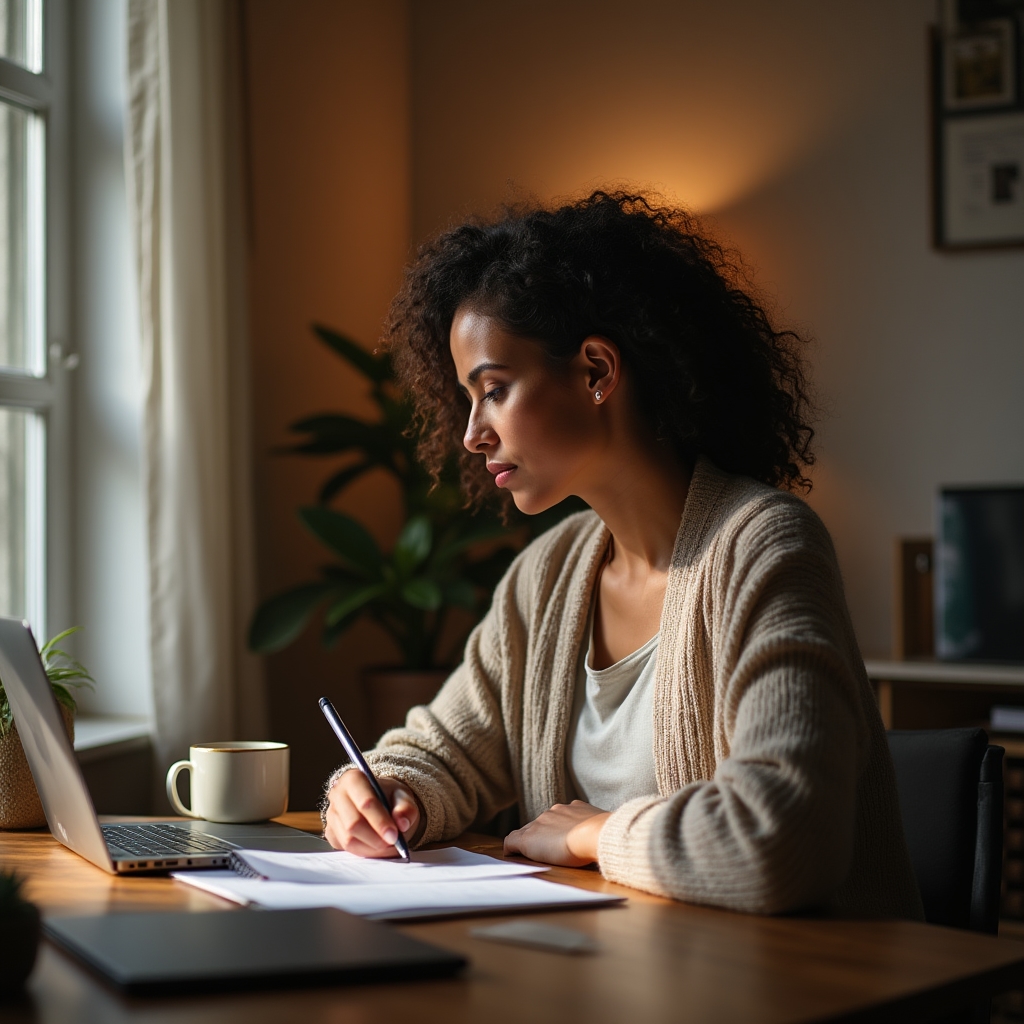 Rincón de trabajo en una casa con notebook, cuaderno y una taza sobre una mesa junto a una ventana con luz lateral