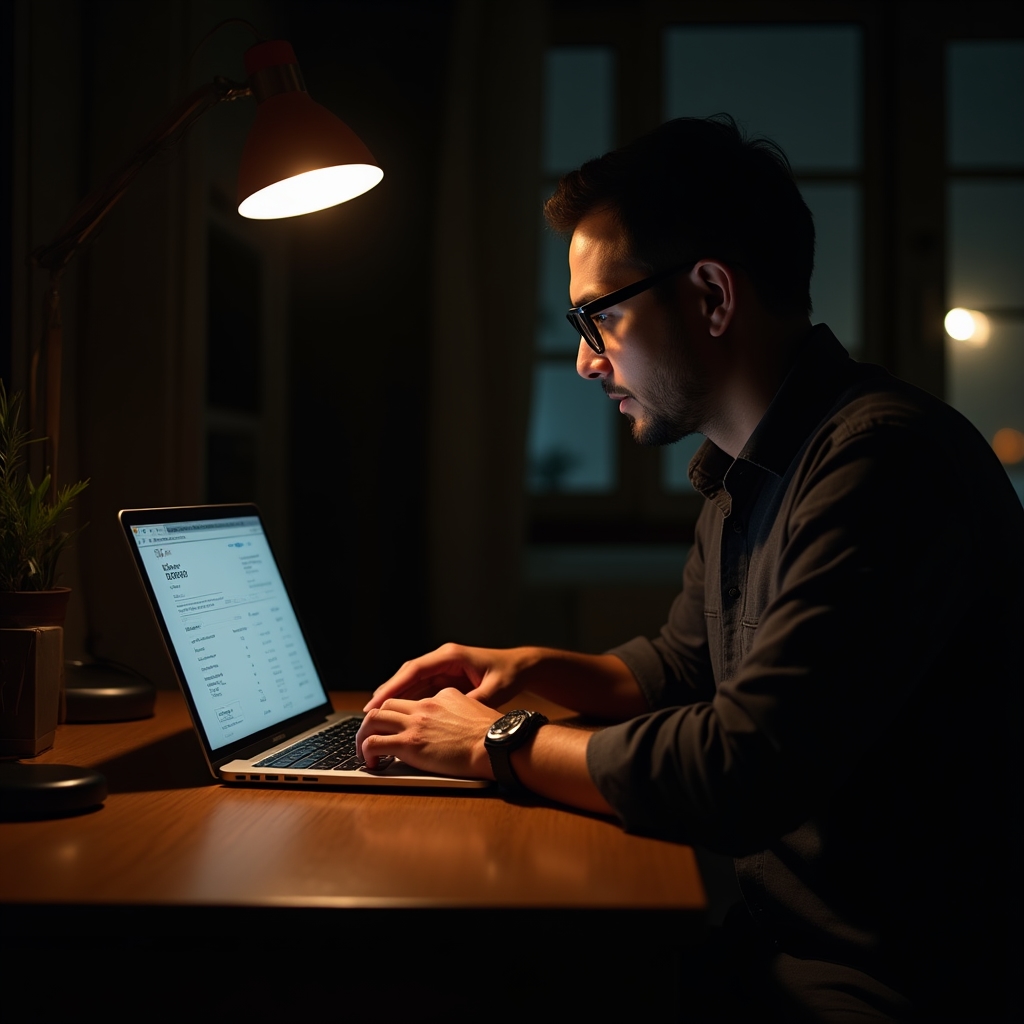 Emprendedor argentino trabajando de noche con su notebook, revisando una factura electrónica en pantalla