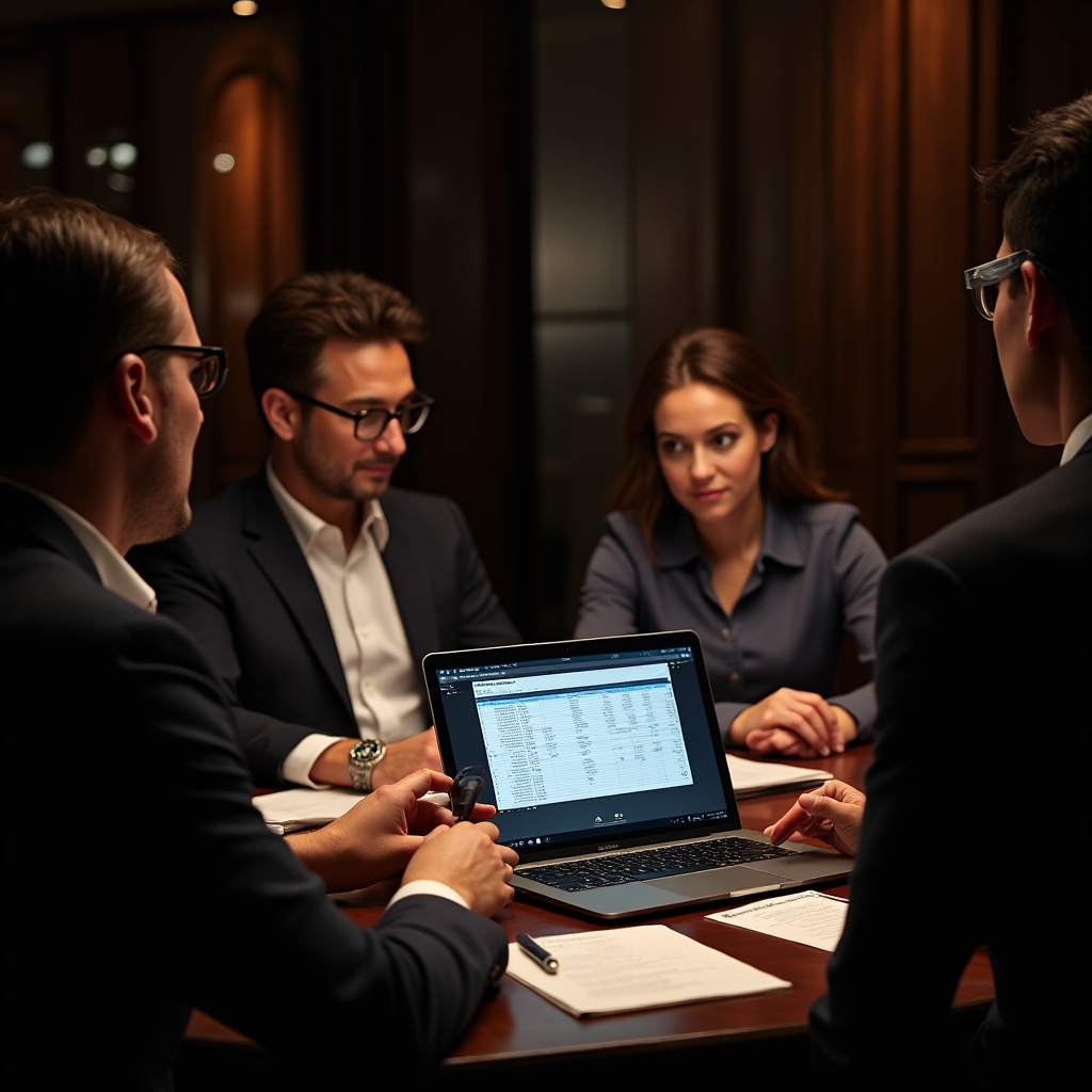 Reunión de trabajo entre varias personas discutiendo herramientas digitales gratuitas frente a una notebook y anotaciones en papel